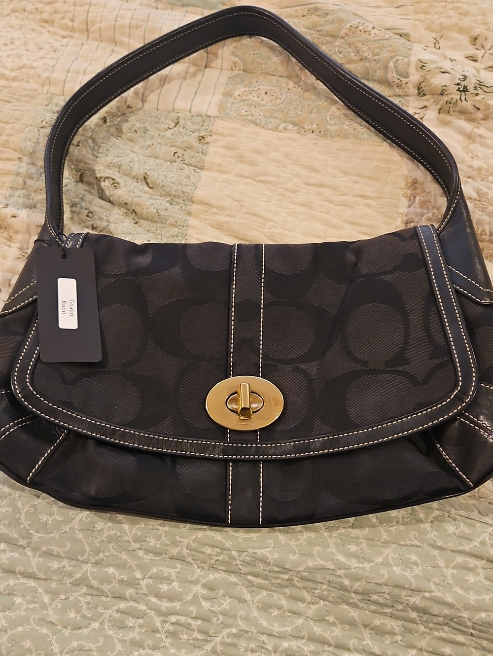Coach Black Signature Canvas Shoulder Bag with Gold Turnlock
